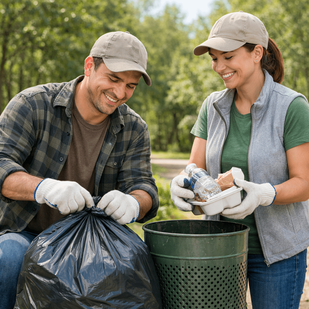 Two friendly junk removal professionals working together outdoors, preparing trash for disposal. They’re dedicated to providing reliable and eco-friendly junk removal services in Reno NV, ensuring a clutter-free space