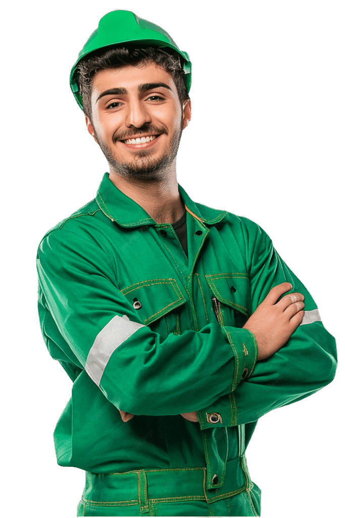 Smiling junk removal professional in a green uniform, part of the eco-friendly team at Junk Removal Reno NV. Dedicated to providing reliable, sustainable junk removal services that promote recycling and a greener future