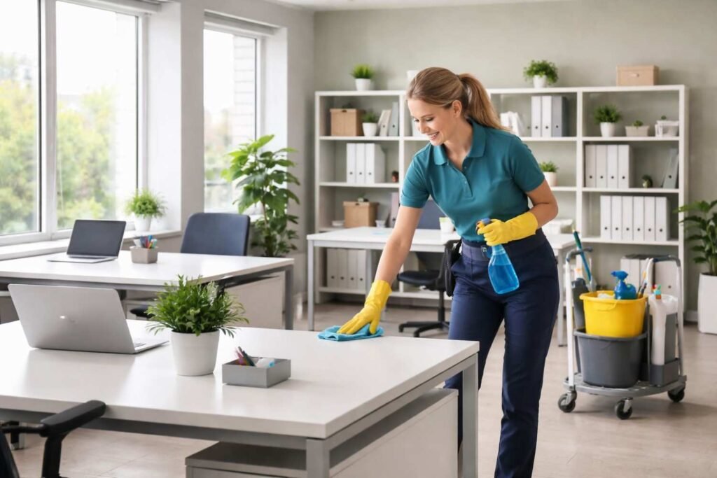 Property cleaning professional in a modern office, wiping down surfaces with cleaning supplies, ensuring a spotless environment. Offering property cleaning services for both residential and commercial properties to keep spaces fresh and organized