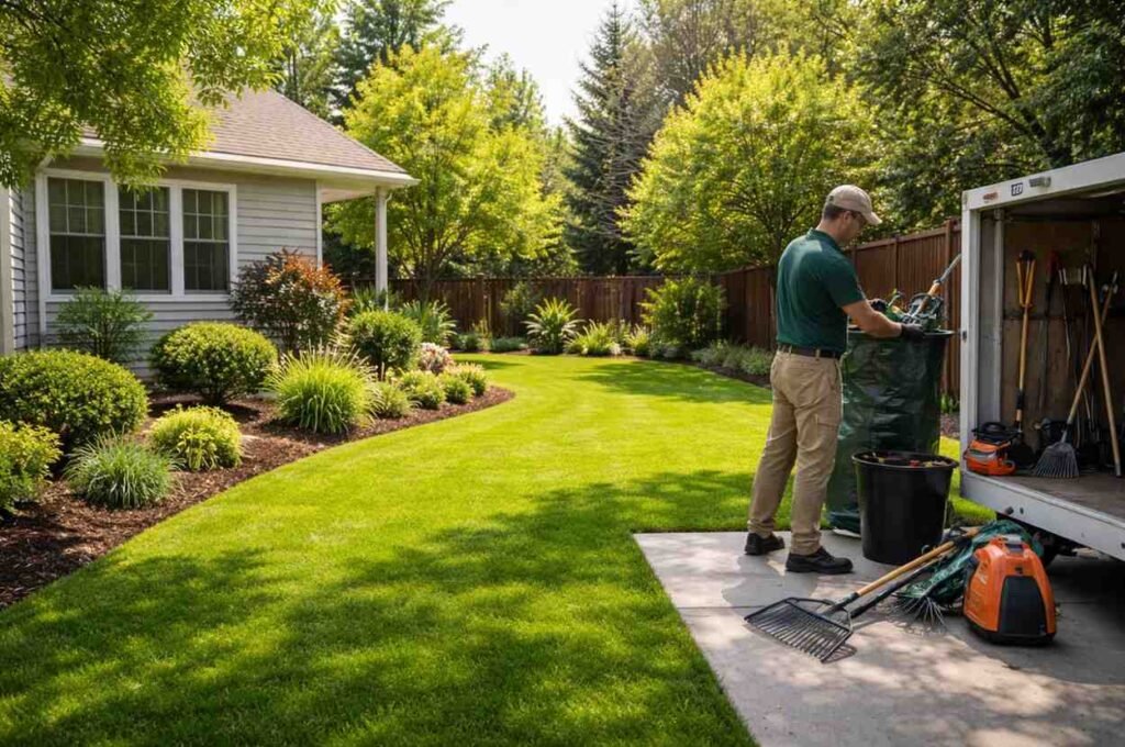 Yard clean-up specialist working in a well-maintained garden, bagging yard waste in Reno NV. The professional team provides expert yard clean-up services, ensuring a clean and tidy outdoor space